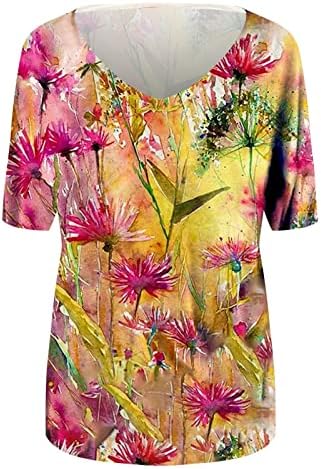 Ежедневна Тениска за Жени, Разноцветни Ризи с Флорални Принтом, Блузи с V-образно деколте и Къс Ръкав, Летни Блузи Свободно