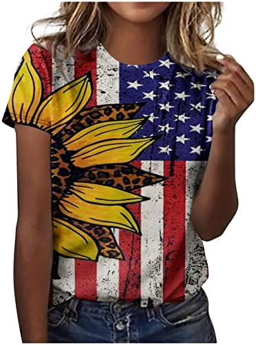 Дамски Памучен Блуза с Кръгло Деколте и Къс Ръкав в Деня на Независимостта с Цветен Модел Семки, Риза за Дами ЗК