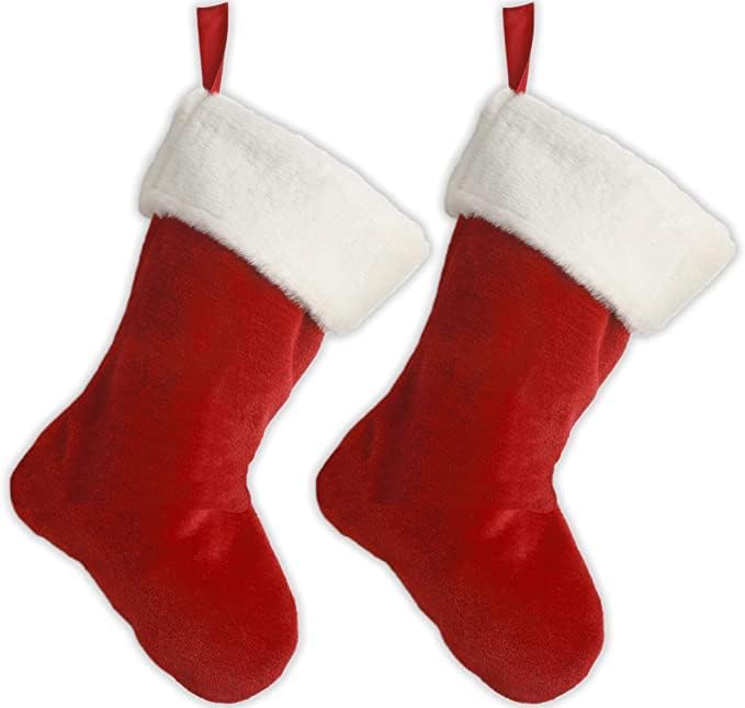 Коледен Отглеждане 19 инча, Класически Коледни Празници Чорапи, Червено-бели Плюшени 19 инча, Комплект от 2 броя с биркой за окачване