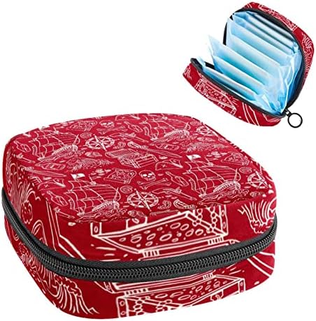 Червена Чанта За Съхранение на Хигиенни Кърпички с Пиратски Модел, Чанта за Менструалната Чашка с цип, Дамски Тампони за Първия Период