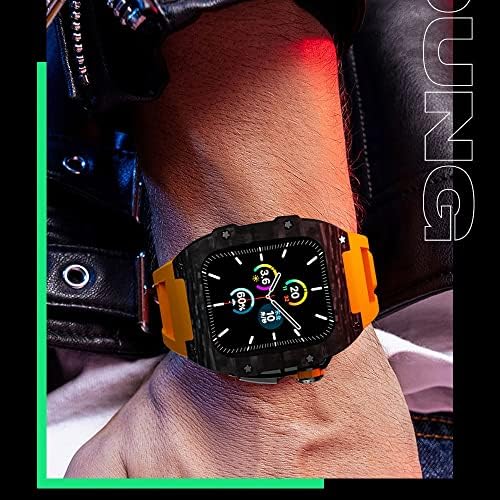 HOUCY Луксозен калъф от въглеродни влакна, набор ленти за Apple Watch Series 8, 45 мм и каишка от Каучук, комплект за промяна безеля със