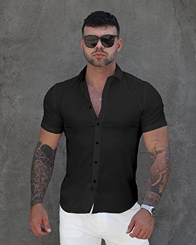RPOVIG Мъжки ризи Muscle Dress: Ежедневни Еластична тениска без бръчки копчета с дълъг ръкав Спортни cut