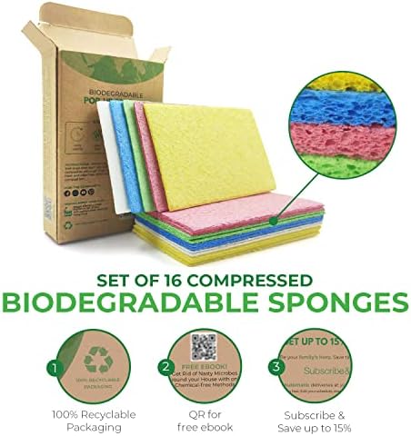 Гъба AIRNEX, спрессованные от биоразлагаемой целулоза - Опаковка от 16 Кухненските гъби за почистване - Силни и естествени Многофункционална