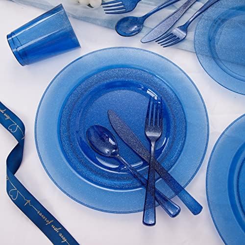 WELLIFE 180ШТ Сини пластмасови чинии - Заредете сини чинии за еднократна употреба с прибори за хранене и чаши, в комплекта са включени