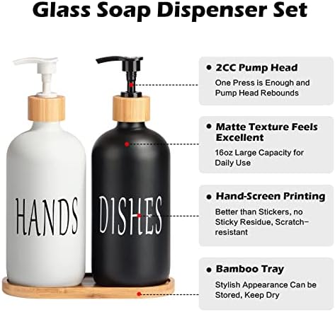 Комплект стъклени Дозаторов за сапуни, 2 опаковане, дозиране система за измиване на съдове за ръце GIXSEGIE 16 Унции, Бамбук тава с помпа,