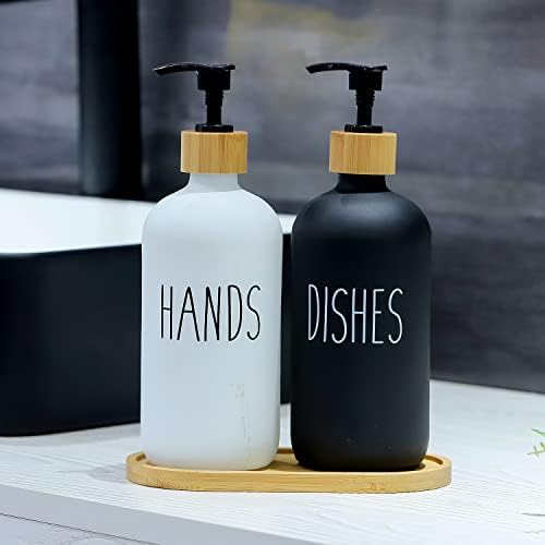 Стъклен Комплект за сапун за кухня с Тава - Опаковка сапун за ръце и съдове за Кухненска мивка - Стъклена Опаковка сапун - Модерен интериор