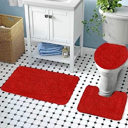 Набор от меки постелки за баня от 3 теми, Червен U-Образна подложка за тоалетната чиния, подложка за вана, подложка за покриване на тоалетната