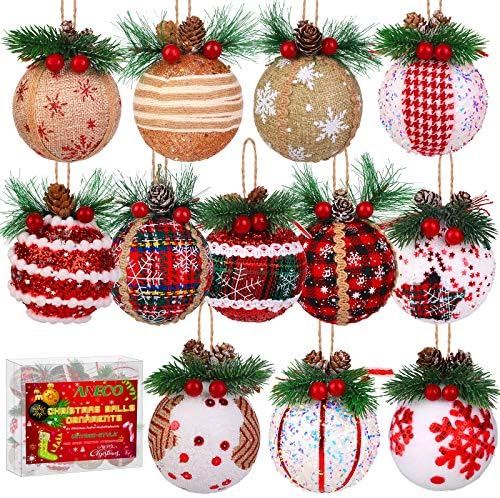 Aneco 12 Опаковки, Украса за Коледни Топки, Коледни Топки, Набор от Украшения в Различни Стилове, Полистирен Коледни Украшения с Борови