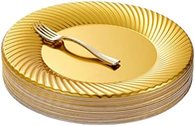 N9R 60 бр. Златни Пластмасови Десертни чинии с мини-вилици, Включват 30 бр. за Еднократна употреба Десертни чинии 7 инча, 30 бр. Златни вилици