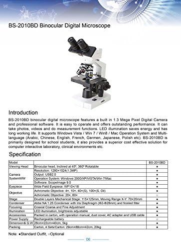Цифров част бинокъла микроскоп BestScope BS-2010BD, окуляр WF10x, увеличение 40x-1000x, ярко поле, led светлини, Обикновена сцена,