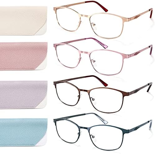Дамски Очила за четене NOVIVON, 4 опаковки, Леки Метални Очила за четене, Блокиране на Синя Светлина, Квадратни Очила с защита от