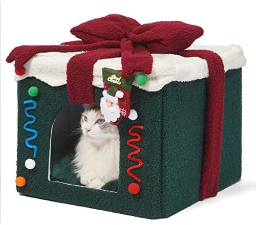 Коледен Котешки къща Jiupety, Покрита Котешка легло, L (16,5 x16.5x14.6) Размера Кубчета за котка и Малко куче, Свалящ котешка