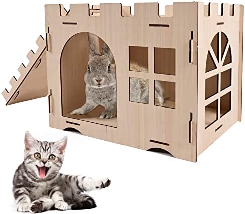 Много Голям Дървен замък за Зайци стълбата - Дървени Котешки легла за домашни котки, Убежище за Зайци, Къщичка за Зайци, Луксозна