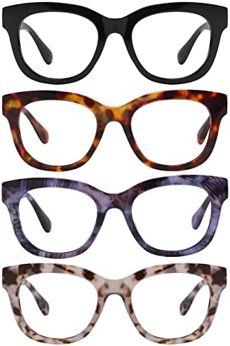Очила за четене KSSESSE 4 бр. за жени и мъже, квадратни, овални, четци, блокиране на синя светлина, с пружинным тръба на шарнирна