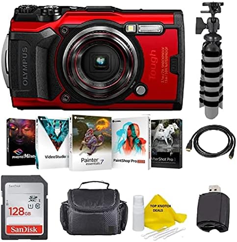 Водоустойчива камера Olympus Tough TG-6 (червена) с най-високо възел + Карта памет Sandisk 128GB Ultra + Мек калъф + Гъвкав статив