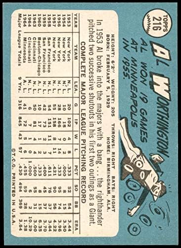 1965 Topps 216 Ел Уортингтън Миннесотские близнаци (Бейзболна картичка) NM / MT Близнаци