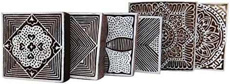 Knitwit Лот от 6 бр Декоративни Дървени Текстилни Печатни Блокове Ръчно изработени с Бордюрными Марки
