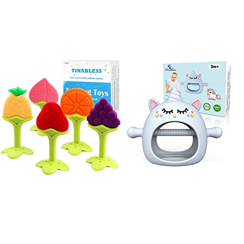 Беззубые играчки за никнене на млечни зъби (5 опаковки) + Комплект силиконови прорезывателей Unicorn Never Drop, за деца от 6-12 месеца,