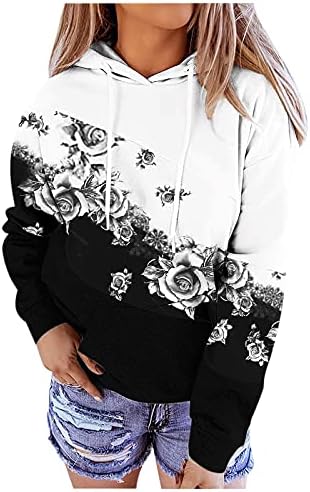 Дамски сладки графични случайни блуза, пуловер цвят блок мозайка блузи с дълги ръкави джоб големи качулки