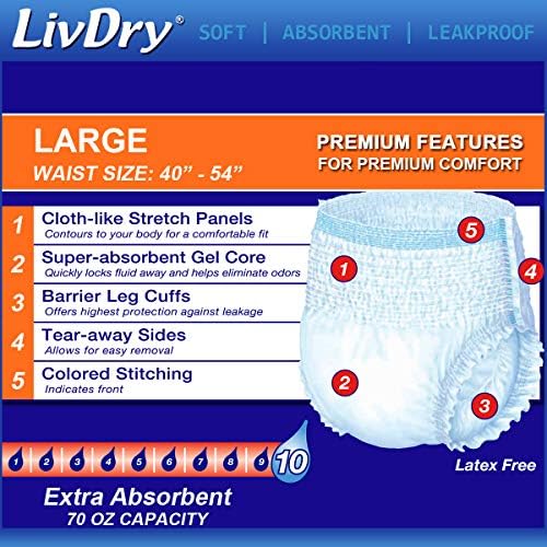 Памперси LivDry За възрастни, Дамско Бельо С голям Инконтиненция, На вечер, за Защита от течове, 16 опаковки
