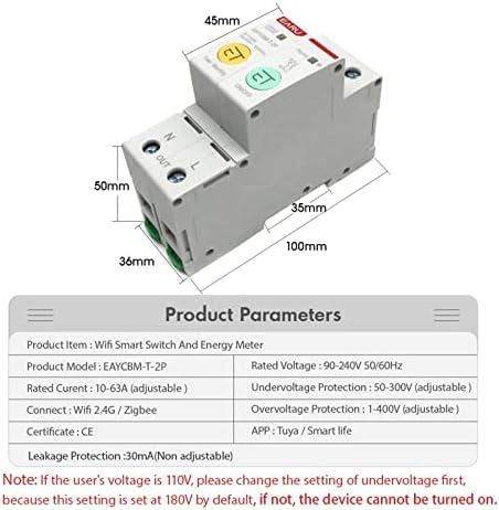 YYDSCQ 2P WiFi Smart Energy Измерване на потреблението на енергия кВтч Автоматичен прекъсвач за Защита от напрежение течове (Размер: WiFi,