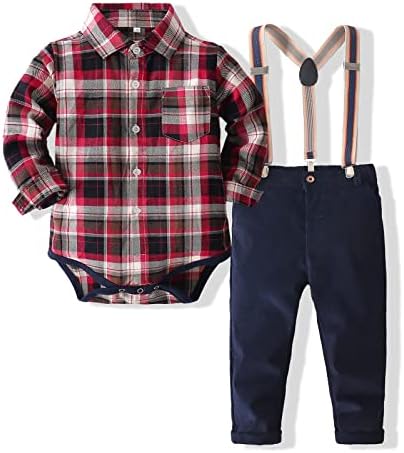 Комплекти дрехи за малки момчета Kimocat, Риза в клетката и Панталони на Подтяжках