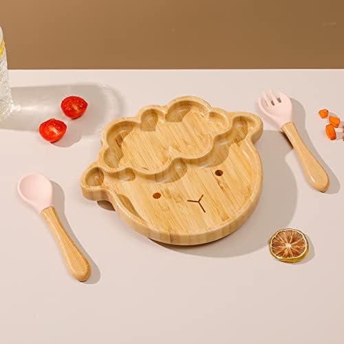 Комплект детски Бамбук Смучат чинии Mamimami Home с Лъжици и вилици, Комплект Прибори за бебешка храна за Хранене с led подсветка,