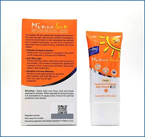 Минус (Sol) Защита от слънцето SPF40 PA +++ Слонова кост (Нова формула x 1 унция) Защита за лице от слънцето и Копринена