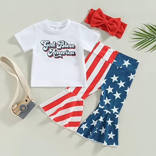 AEEMCEM/ Комплект Дрехи за малките момичета на 4 юли, Тениска с къс ръкав, Разкроена Панталони с флага на сащ, Комплект