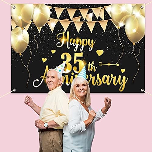 Фон за банер HAMIGAR 6x4ft Happy 35th Anniversary - 35 Бижута На Годишнина от Сватбата, за да проверите За Партита - Черното злато