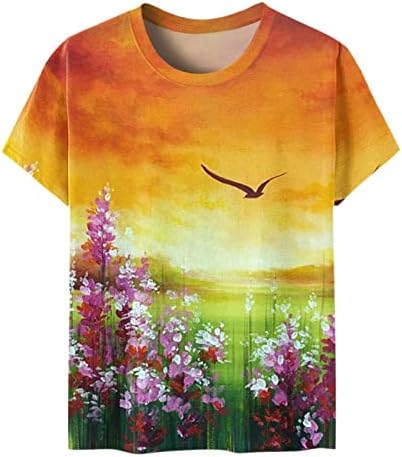 Тениска с Къс Ръкав Дамски Кръгъл Отвор Памук Живопис Мастило Цветна Графичен Свободен Приятелка Ежедневни Риза за Дами 5I