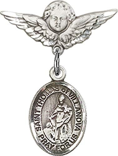 Jewels Мания Детски Икона с Талисман на Свети Томас от Виллановы и Пин Ангел с крила | Детски Икона от Сребро с талисман на
