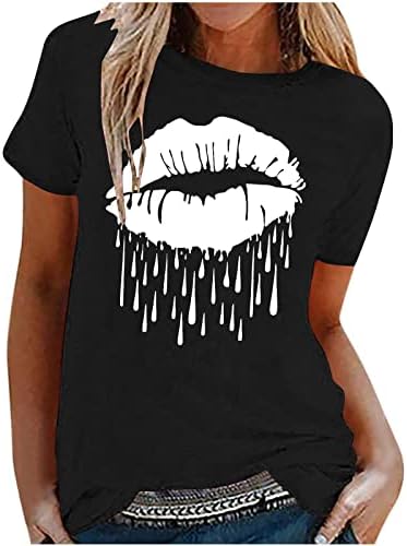 Тениска с графичен Дизайн Устни за Момичета Есен-Лято 2023, Къс Ръкав, през Цялата Силует, Без Приятелка, Секси Тениска