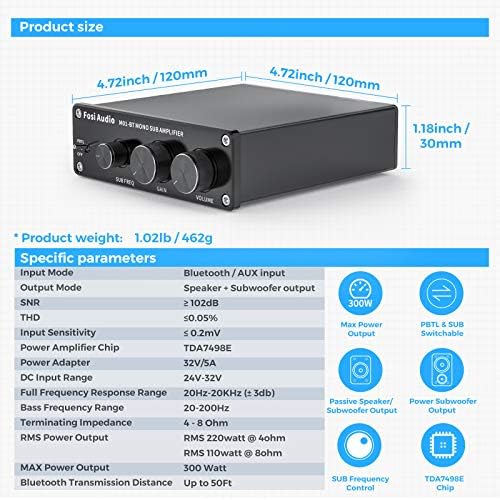 Fosi Audio M01-BT Bluetooth 5.0 300-Ватов Усилвател и субуфер За Домашно кино, Полночастотный Мини-Стереозвук Hi-Fi, Моно-Усилвател