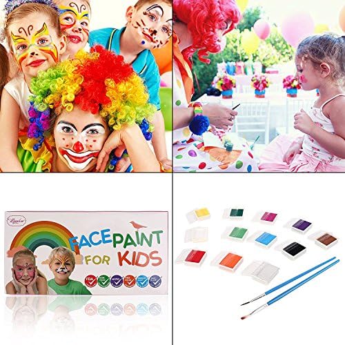Комплект бои за лице Maydear за деца с безопасна и не е токсичен палитра от 12 цвята на водна основа (X-Large) с 30 трафаретами и 2 четки