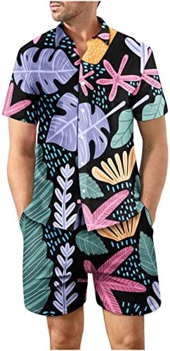 RbCulf Мъжки Хавайска Риза с Цветен Модел и Кратък Брючный Костюм С Къс Ръкав и Копчета, Блуза С Ревери, Блузи, къси Панталони,