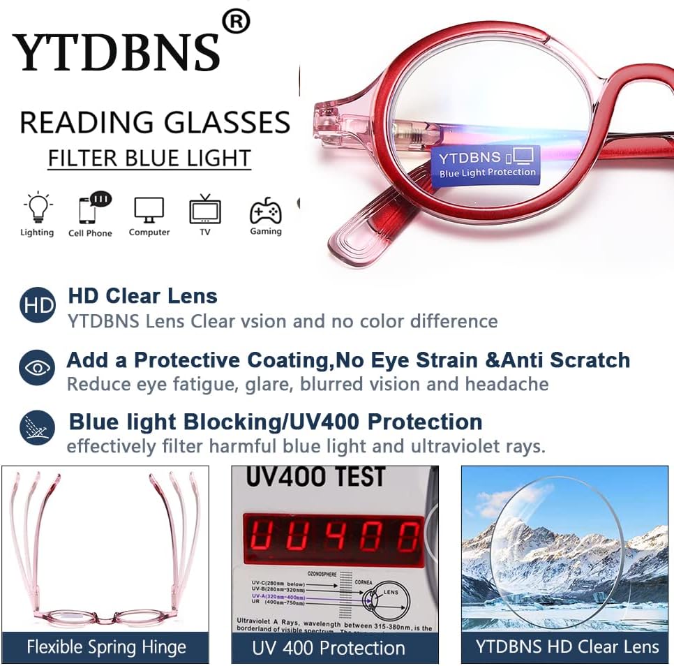 YTDBNS Очила за четене за Жени Ретро Кръгли Сини Светозащитные Очила За Четене 2 опаковки на Компютърни Очила За четене mit Пружинни