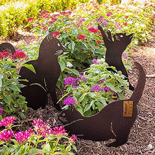 RealSteel Garden Cat Art 3 Опаковки - Декор за външна двор - Метал американското производство с устойчив на атмосферни влияния прахово покритие