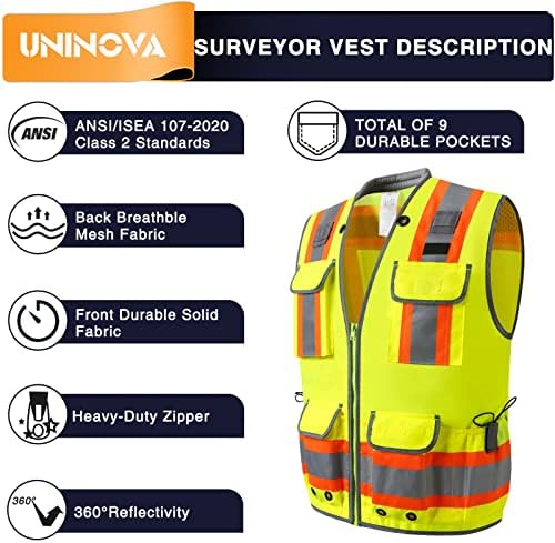 Отразяваща жилетка за безопасност UNINOVA Surveyor за мъже, Тежкотоварни Жилетки за безопасност на клас 2, Отразяващи с джобове и цип,