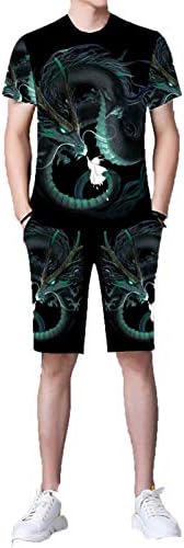 Мъжки Летен Костюм, Риза с 3D Модел на Зелен Дракон и Феникс + Шорти от 2 теми