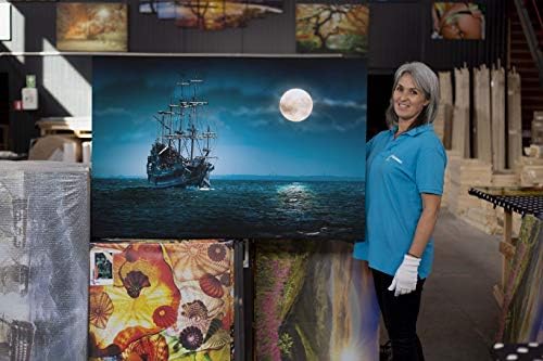 Startonight Платно Стенно Изкуство Кораб и Луната на фона на Синьо море Картина в Рамка 32 x 48