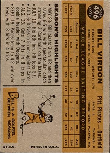 1960 Topps 496 Бил Вирдон Питсбърг Пайрэтс (Бейзболна картичка) EX/MT Пирати