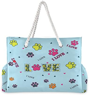 Чанта за пазаруване ALAZA Colorful Cat Dog Paws Beach Toy Чанта за плаж, Душ Кабина, Плувен басейн