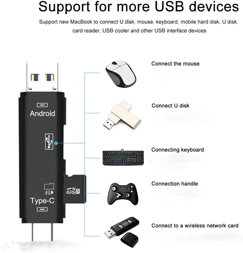 Мултифункционален четец на карти VOLT + 5 в 1, който е съвместим с LG G Pad 5 10.1 е оборудван с устройство за четене на карти USB Type-C/ microUSB/ Tf / USB 2.0 / SD (черен)