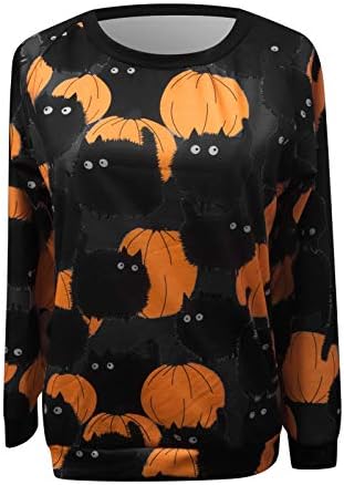 Hoody с дълги ръкави и принтом Хелоуин, дамски блуза със сладка тиква и черна котка, всекидневни свободен пуловер с кръгло деколте