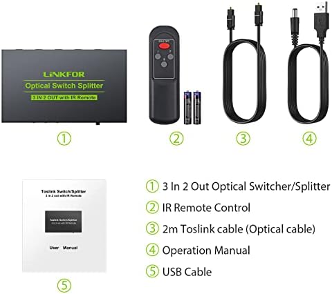 LiNKFOR Цифров Оптичен Аудио Преминете Сплитер 3 2 Изход Оптичен Превключвател, и Сплитер 3X2 от Алуминиева Сплав за HDTV PS3 Включва