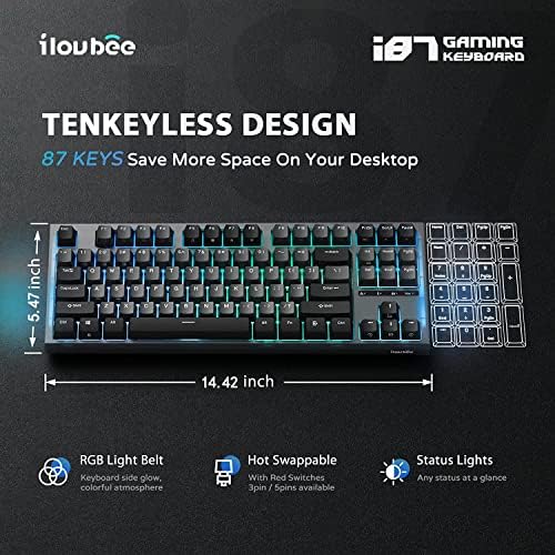 Механична клавиатура iLovBee i87 75% Компактна Клавиатура TKL с възможност за гореща замяна, Линейни Червени Ключове, Странична подсветка RGB, Кабелна USB-C, Четири показател ?