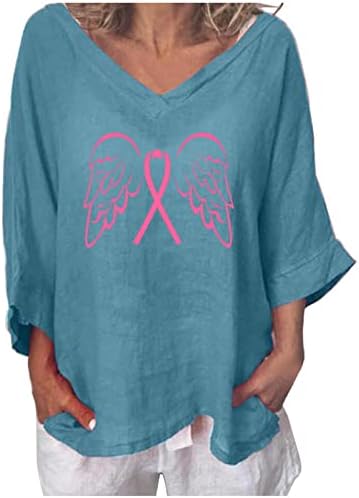 Кралски Сини Ежедневни Дамски Тениски С 3/4 Ръкав И Дълбоко деколте Ленени Крила Свободно Намаляване Блуза От Рак на Млечната