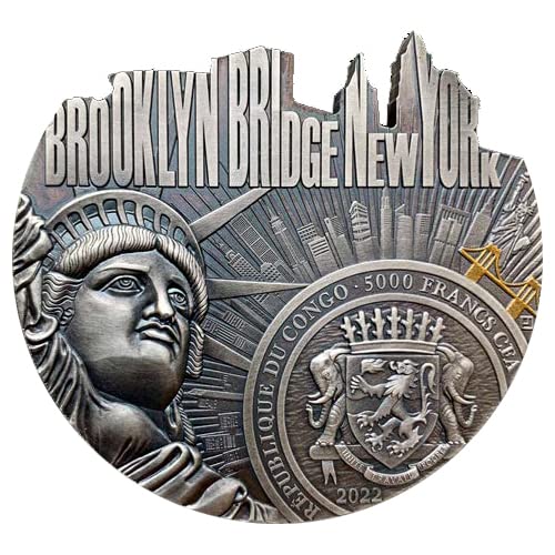2022 DE Световно Известни Мостове PowerCoin на Бруклинския мост във формата На 5 Грама Сребърна Монета 5000 Франка Конго 2022 Антични