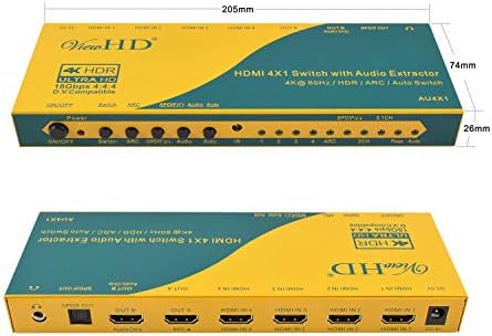 Преминете ViewHD HDMI 4X1 с аудиовыходом | Аудиовыходы HDMI + Оптичен + за слушалки | 4K @ 60Hz | HDR | ARC | Автоматично превключване
